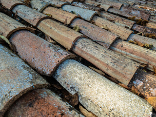 Grungy roof tiles in close-up