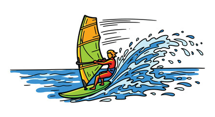 Windsurfer riding wave with colorful sail, dynamic water sports illustration, active lifestyle
