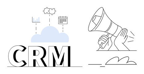 CRM platform cloud with charts, puzzle, and calendar icons connected to data. Hand with megaphone representing marketing. Ideal for business, technology, teamwork, innovation, organization