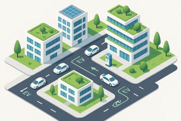 Isometric illustration of an electric vehicle city with charging stations and green buildings