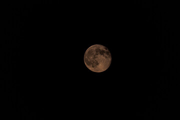 Detailed photo of the full moon in the night sky. Astronomy, space exploration, and lunar observation concept