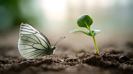 Obraz premium Delicate white winged insect rests beside a freshly emerging green sprout in dark earth