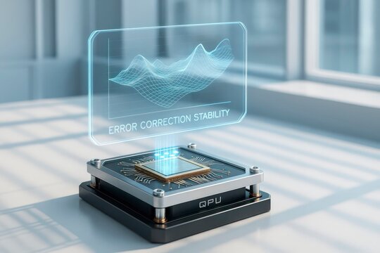 A quantum computing processor with a holographic display showing error correction stability. The scene is set in a modern, well-lit environment.