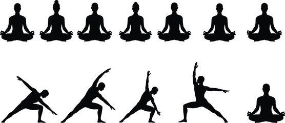 Yoga silhouettes of people meditating in lotus pose, mindfulness, balance, relaxation, wellness, inner peace, healthy lifestyle