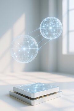 A futuristic quantum computer with a sleek design. Two glowing spheres connected by lines float above a transparent platform in a bright room.