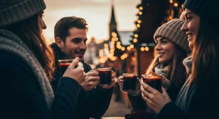 Group of friends, two women and one man, enjoying mulled wine at Christmas market. Winter holiday event with drinks and festive atmosphere for celebration.