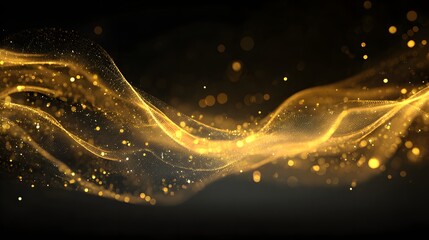 Luminous golden energy wave flows across a dark background with shimmering particles