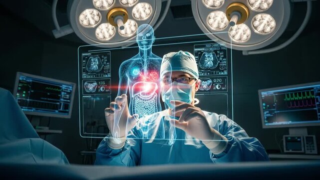 Surgeon using augmented reality interface during operation in operating room - Powered by Adobe