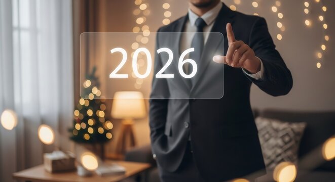 Man in suit interacting with virtual screen displaying 2026. Future year concept for business planning and new year celebration, Christmas.