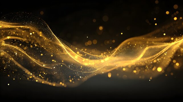 Luminous golden energy wave flows across a dark background with shimmering particles