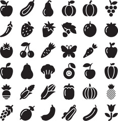 Fruits and Vegetables Silhouette Icons – Fresh Food Black Vector Set