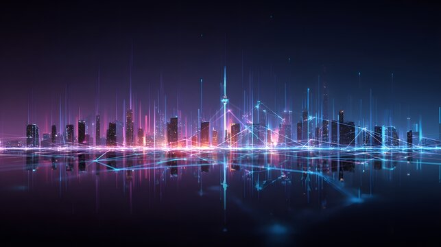 Illuminated metropolis skyline reflects across a dark, futuristic surface amidst vibrant digital connections