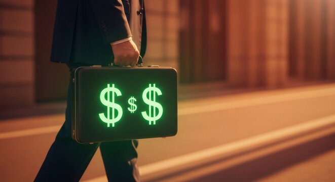 Businessman walking with glowing money symbol briefcase. Concept of financial success, wealth management, and investment profits.