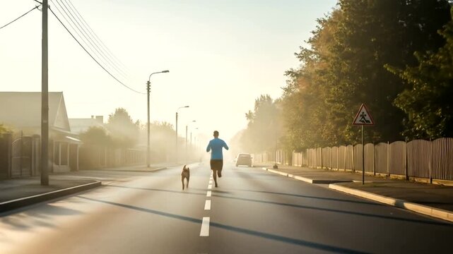 A man jogging with his dog on a quiet, misty street at dawn with trees lining the road
