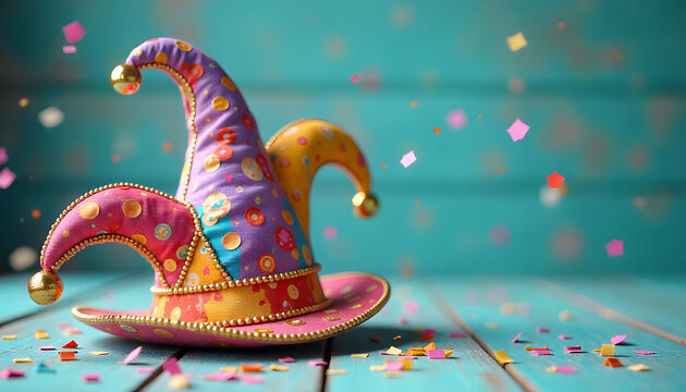 a Medieval jester hat with confetti banner, carnival, copy space, new, modern, flying, turquiose, pastel,  light, on, solid, background, wood, photo, macro, creative, concept, card, poster, ad, 3d, 1