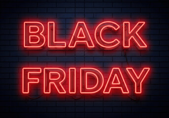 Obraz premium A striking “BLACK FRIDAY” sign written in bright red neon letters on a dark brick wall.