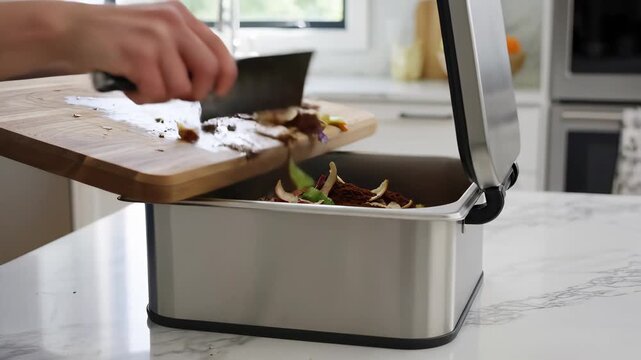 Kitchen scraps and food waste concept people cooking, cleaning up, and disposing of leftovers in a bustling kitchen setting, perfect for projects highlighting sustainability, eco awareness.