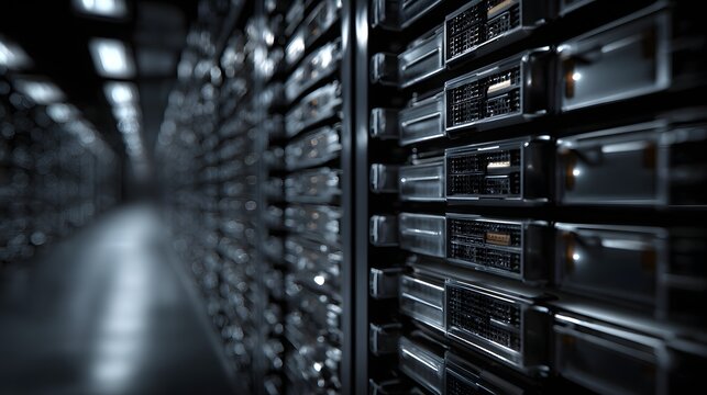 Rows of high density computing hardware stretch into the blurred background of a data center