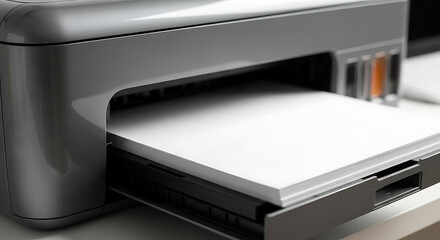 A close up of a gray printer filled with a stack of white paper ready to print documents now ai generated