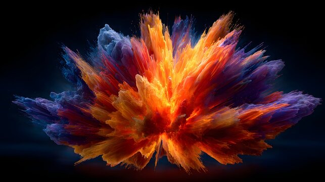 Vibrant cloud of illuminated pigment expands dynamically against a dark background