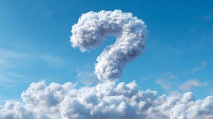Three dimensional rendering of a large question mark formed by white cumulus clouds against a bright blue sky