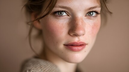 Fototapeta premium Portrait captures close up of young woman with delicate freckles and engaging gaze