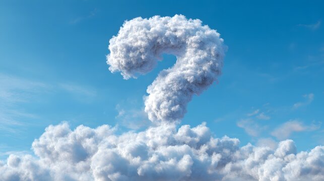 Three dimensional rendering of a large question mark formed by white cumulus clouds against a bright blue sky - Powered by Adobe