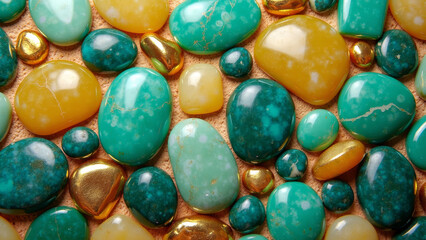 Artistic mosaic of semi-precious stones in turquoise, yellow green and gold tones, bright clean overhead composition