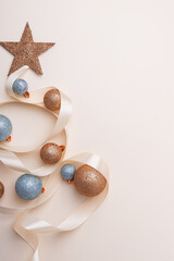 Minimalist Christmas Tree Made of Ribbon and Ornaments on Light Background