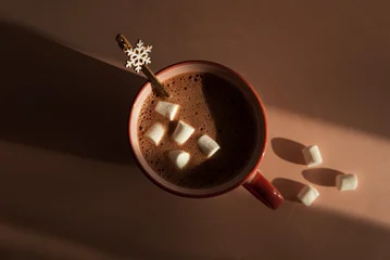 Fototapete Rund Schokolade Hot Chocolate with Marshmallows and Snowflake Spoon in Pink Mug  © thayra83