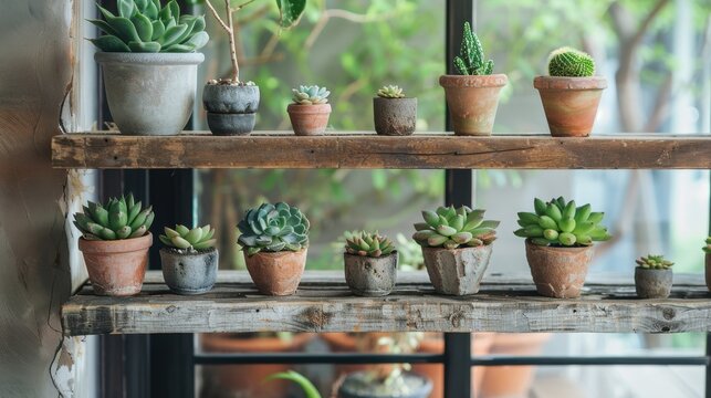 Various small green succulent plants in terracotta pots on wooden shelves indoors, natural light, home gardening concept. - Powered by Adobe