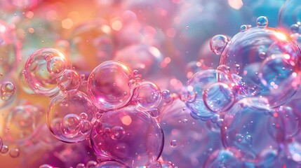 Close up of many colorful translucent spheres with bokeh effect background light