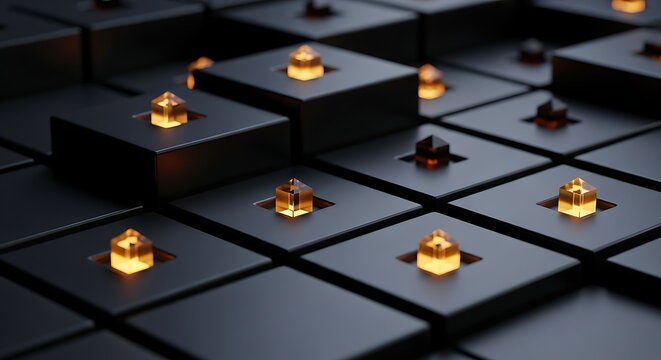 Dark Cubes with Illuminated Orange Crystal Elements abstract technology