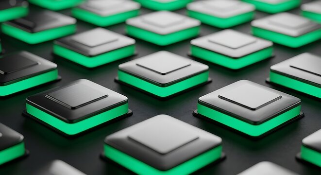 Rows of Glowing Green Square Buttons on Dark Surface abstract technology