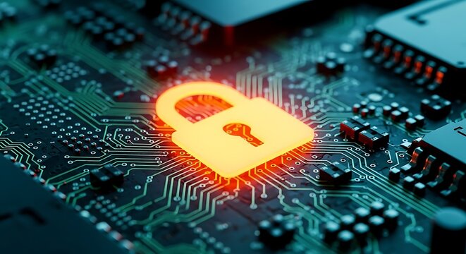 Glowing yellow padlock symbol on a computer circuit board with red glow security