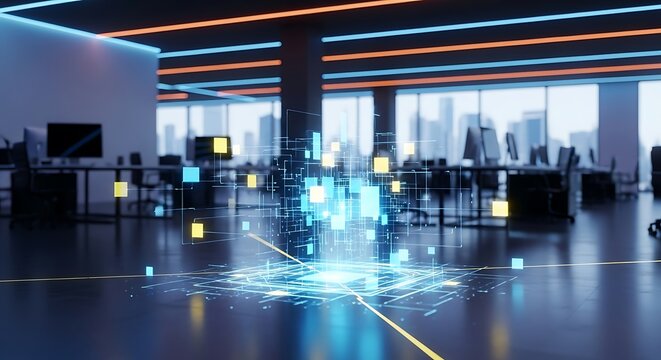 Digital data hologram in a modern office with glowing blue and yellow elements technology