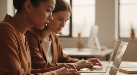 Two women working together on laptops. Professional business collaboration in a modern office environment. Efficient teamwork during brainstorming.