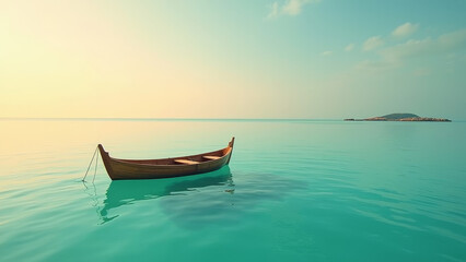 Naklejka premium Wooden boat floating on turquoise sea at sunset, golden light reflection, peaceful minimal seascape