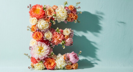 Floral arrangement forming the letter E, with roses and peony on a light blue background, representing elegance, bloom, and natural beauty for floral design