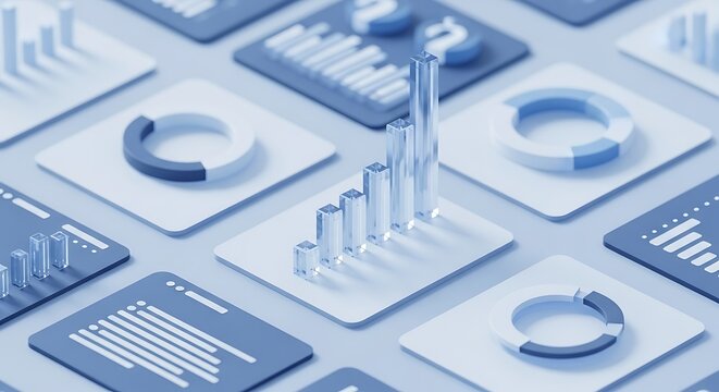 3D Rendered Business Charts and Graphs in Blue Tones data visualization analytics