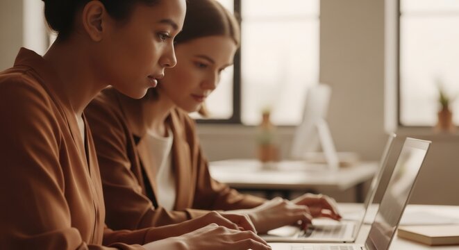 Two women working together on laptops. Professional business collaboration in a modern office environment. Efficient teamwork during brainstorming. - Powered by Adobe