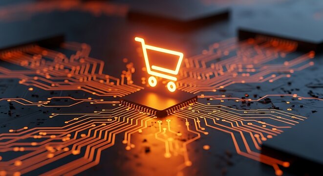 Glowing Shopping Cart Icon on a Digital Circuit Board Background e-commerce online shopping - Powered by Adobe