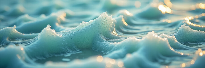 Close-up of ocean foam with turquoise and warm sand tones, detailed natural marine texture