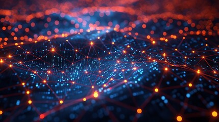 Glowing network with orange nodes and blue dots creating a connected landscape