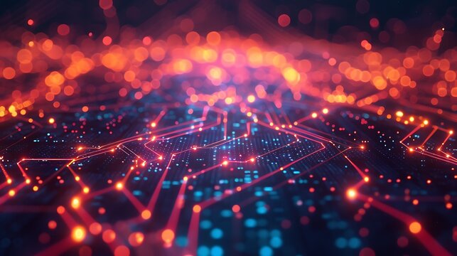 Illuminated network of lines and nodes with bokeh effect in orange and blue hues - Powered by Adobe