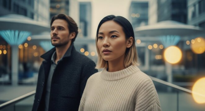 Serious asian woman and caucasian man looking forward, walking in a modern city setting. Professional business discussion and contemplation for future success.