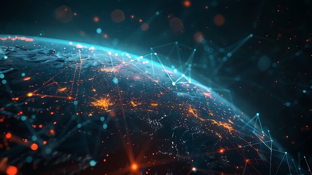 Glowing earth with network connections and lights representing global connectivity