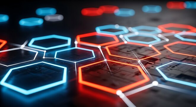 Neon Hexagons in Red and Blue Connected by White Lines on a Dark Surface glowing