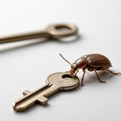 AI Generated Macro of Brown Beetle Holding Metal Key on White Background