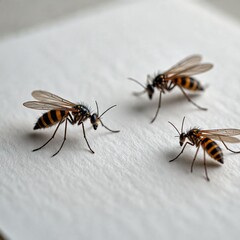 AI Generated Macro of Three Flying Insects with Striped Bodies on White Background